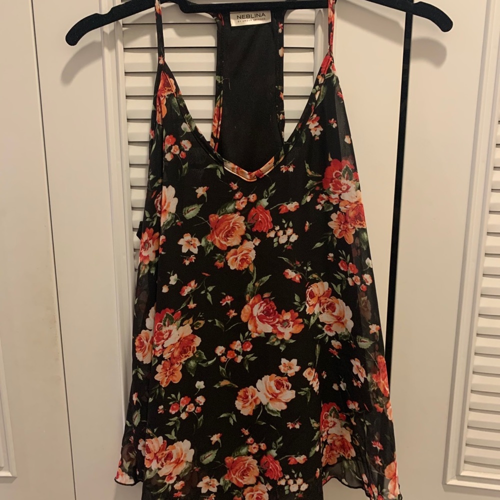 Rose-print, flowy, spaghetti-strap/racer back top